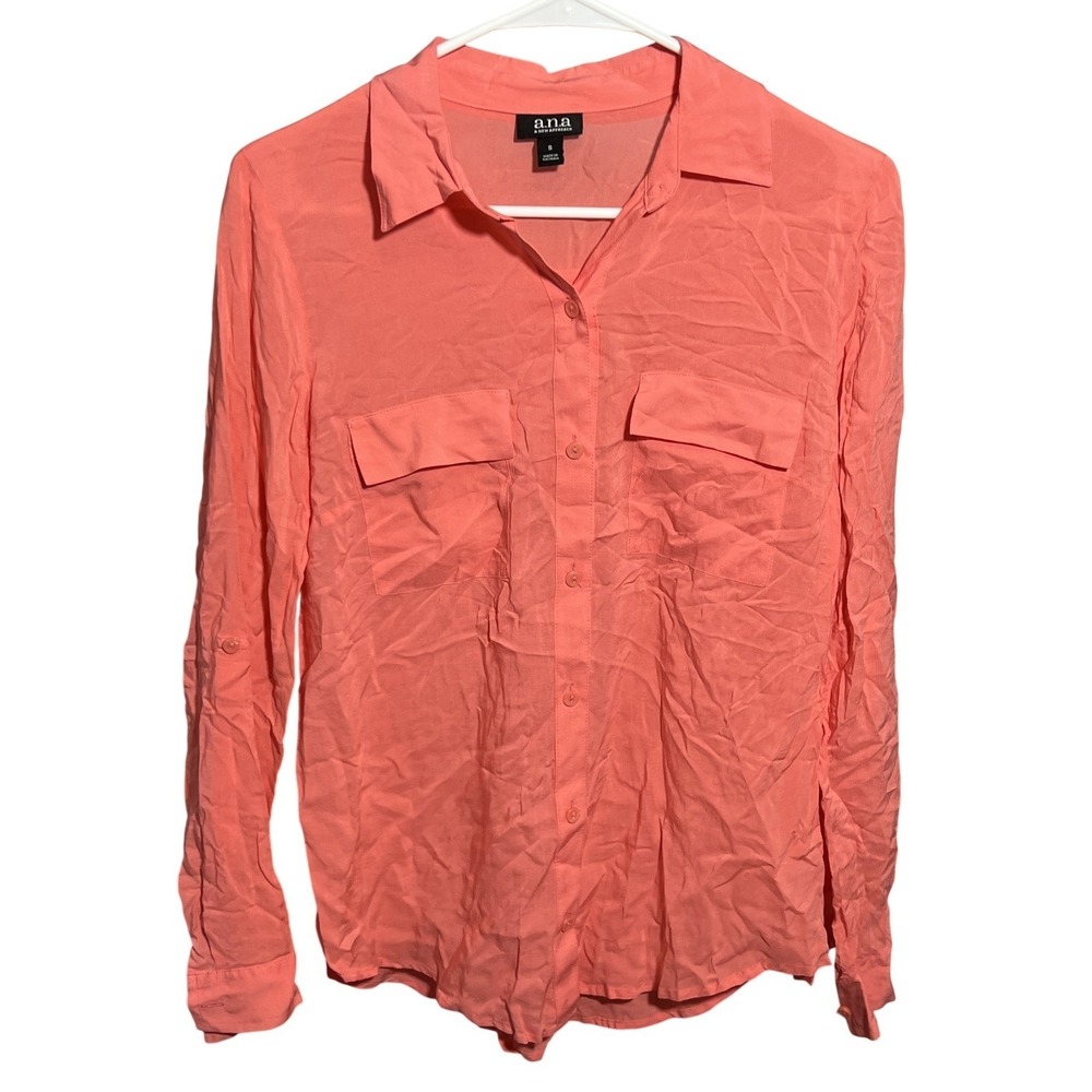 a.n.a Women's Coral Roll-Tab Sleeve Button-Up Blouse Top Size Small S Rayon